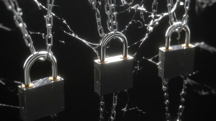 A digital illustration of security locks suspended by chains.
