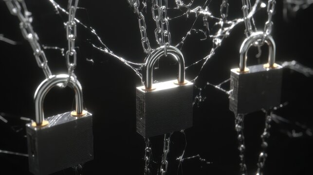 A digital illustration of security locks suspended by chains.