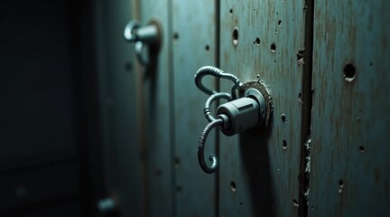 Obraz premium Close-up of a metallic lock with flexible wires on a weathered, wooden door with several holes, creating a mysterious or secure atmosphere.