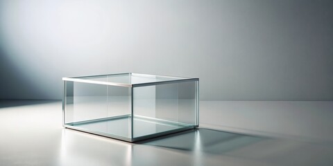 A minimalist glass box placed on a light-colored surface with subtle gradient, showcasing its transparent and sleek design