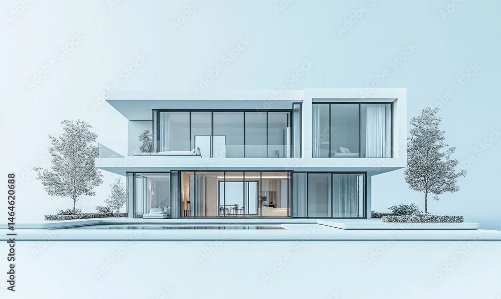 Poster modern minimalist house design with large windows and clean lines surrounded by nature elements and 