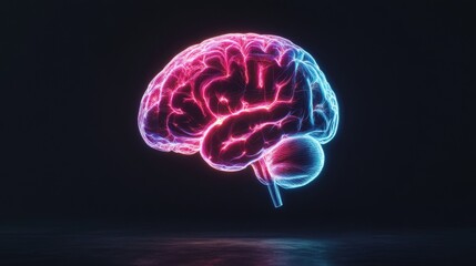 Vibrant Neon Brain Illustration in Glow Effect Showing Neural Pathways and Brain Structure with Bright Colors on Dark Background
