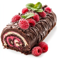 Delicious chocolate swiss roll cake recipe with raspberries and mint for dessert sweet treat baking