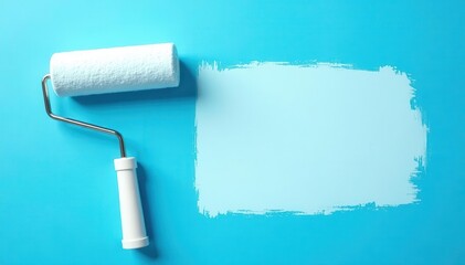 White paint roller on blue wall background Copy space , DIY, tool