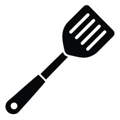 Simple black slotted spatula shows cooking utensil over white background illustration