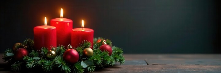 Classic Advent wreath, red candles, fir, mistletoe, baubles , rustic, celebration, star