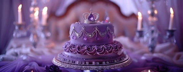 Royal Amethyst Birthday Cake with Crown and Rose Frosting Accents

