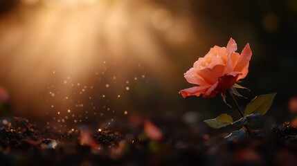 This stunning image showcases a delicate rose blossom bathed in warm, soft sunlight, highlighting its exquisite petals and the gentle droplets of water that symbolize freshness and beauty.