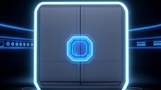 Futuristic door opening with digital display and blue light - Powered by Adobe