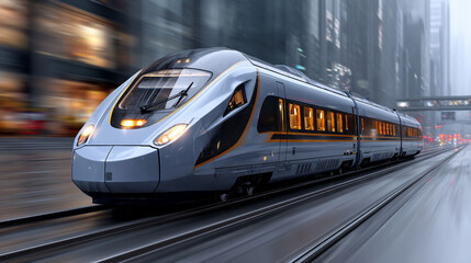 Naklejka premium High-speed train speeding past city buildings. Blurry effects showing motion. Train on tracks