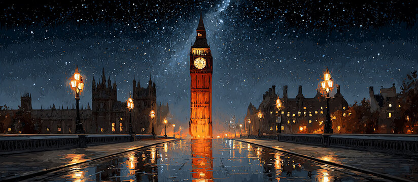 Fototapeta Iconic landmark glows brightly at night, city lights reflected on wet streets, under a starry sky
