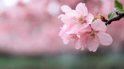 Fototapeta premium A stunning display of delicate cherry blossom flowers with raindrops captured in soft focus, presenting nature's exquisite beauty and ephemeral nature, perfect for spring themes.