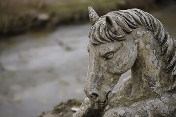 Weathered stone horse sculpture near a body of water.
