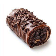 Chocolate swiss roll cake dessert with dark chocolate chips isolated on white background sweet treat