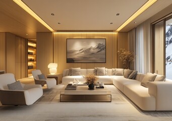 Modern minimalistic living room design featuring cozy seating, elegant decor, and beautiful mountain view artwork for comforting ambiance