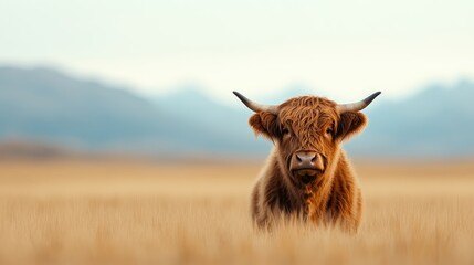A close-up of a highland cow standing in a vast golden field, highlighting its distinctive fur and curious expression against a backdrop of mountains and open skies.