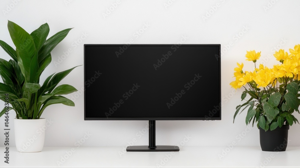 Poster modern computer monitor display with plants minimalist home office setup