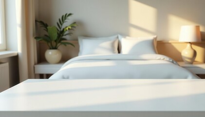Crisp white table against out-of-focus bed; ample room for items , copy space, home
