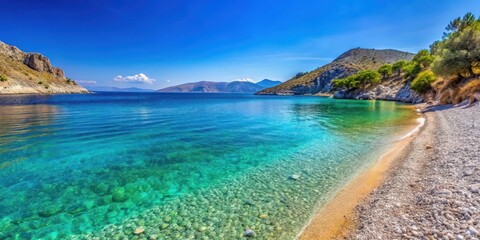 Fototapeta premium A picturesque beach with turquoise water and pebbles at Symi's Panormos Beach, pebbles, beach