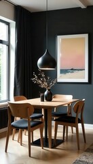 Modern Scandinavian dining space Elegant accessories, wooden furniture, black details , interior, design, template