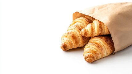 A delightful collection of three croissants peeking out from a brown paper bag, showcasing the flaky layers and golden brown texture that make them irresistible.