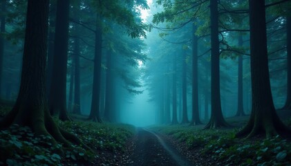Dark, mysterious forest, towering trees, dense canopy, twilight, eerie, roots