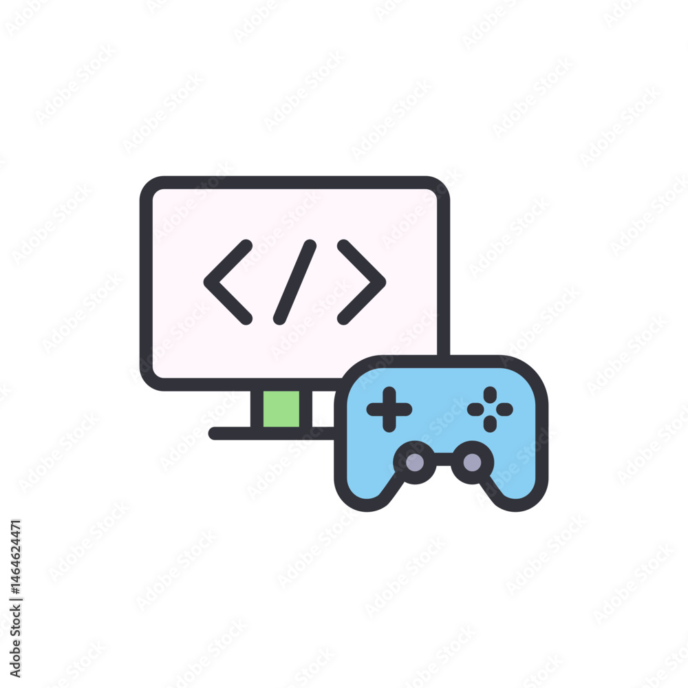 Poster depiction of game development featuring code and controller illustration