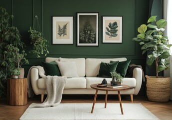 Cozy Living Room with Green Walls and Modern Furniture Surrounded by Indoor Plants and Stylish Decor