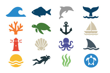 Ocean Marine Life Icons Coastal Nautical Sea Creatures Set