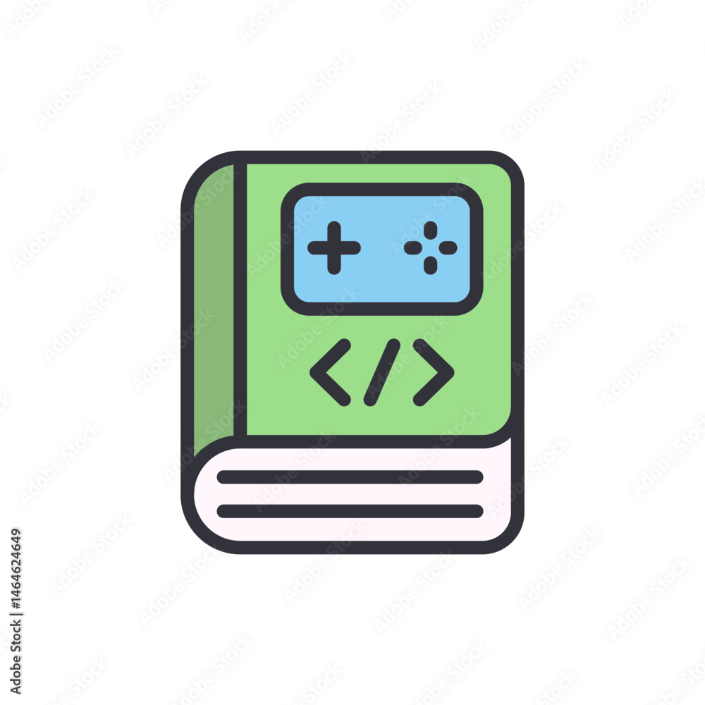 Poster game development textbook icon, learning coding for creating digital games
