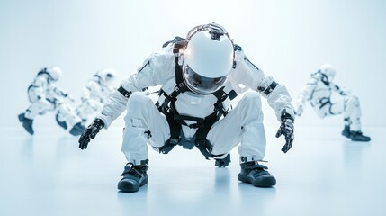 A striking image of an astronaut showcasing dynamic motion against a minimalist backdrop, representing exploration, technology, and the future of space travel.