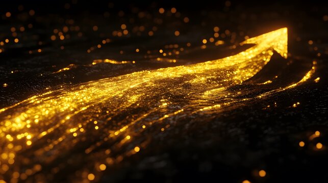 Abstract glowing golden arrow trajectory on dark surface.