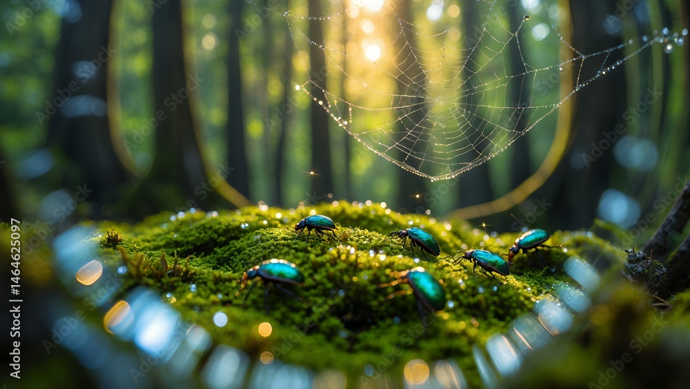 Poster emerald beetles on moss with spider web in forest
