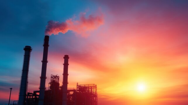 An industrial factory silhouette releasing smoke into a colorful sunset sky, illustrating the complexity of human industry juxtaposed against nature's beauty.