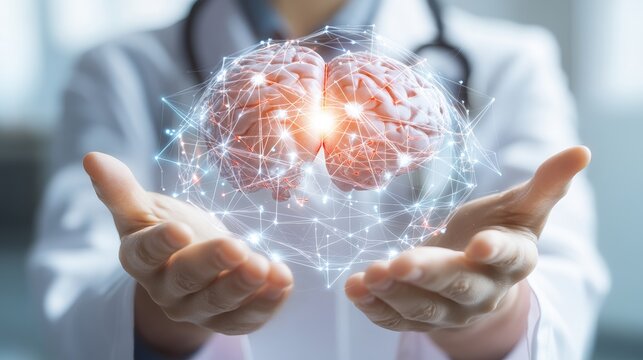 Futuristic digital brain hologram holographic technology mental health innovation science artificial ligence concept