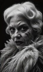 Monochrome portrait of an elderly woman with deep wrinkles and a stern gaze, adorned with a fluffy stole against a dark background