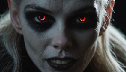 Intense close-up of a pale, pointed-eared figure with glowing red eyes