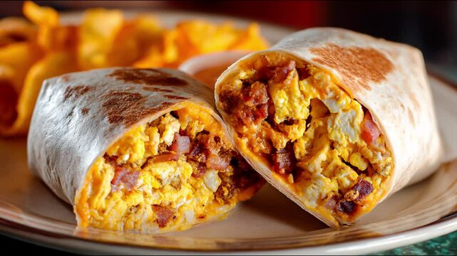 A delicious breakfast burrito cut in half with chips beside