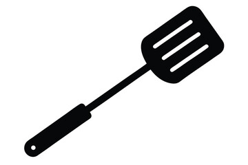 Single black spatula with slotted head presents a basic kitchen cooking utensil for recipes