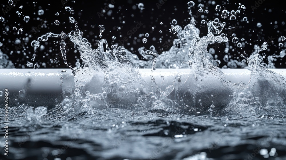 Poster splashing water droplets creating beautiful patterns against a dark background with white pipe segme