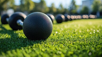 Row of  weights on grassy field