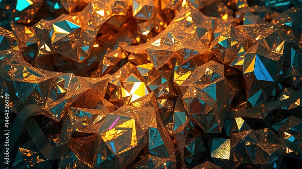 Poster dazzling geometric shapes shimmer under warm lighting, creating a captivating display of light and r