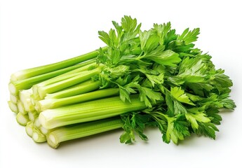 Fresh Green Celery Stalks with Crisp Leaves Perfect for Cooking, Juicing, and Healthy Snacking on White Background