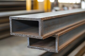 Close-up view of two steel structural beams.