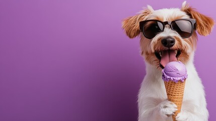 This adorable dog wearing sunglasses happily enjoys a colorful ice cream cone, embodying joy, playfulness, and the simple pleasures of life in a delightful setting.