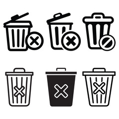 A versatile set of trash bin icons, each with a unique variation including open lids, X marks, and circular symbols. These vector-style icons are ideal for user interface elements.