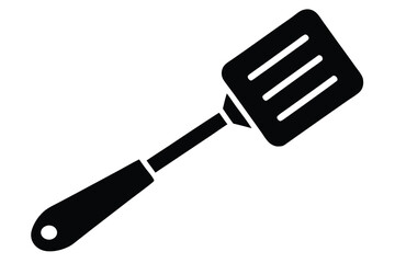 Single black solid turner spatula icon with handle and hanging hole is isolated