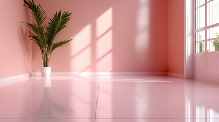 A modern interior featuring a bright pink room adorned with a lush green potted plant, combining color and design for a fresh and inviting atmosphere.