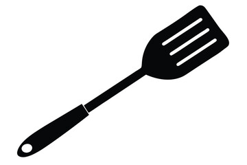 A sleek black spatula with ventilation slots and a hanging hole on a white backdrop