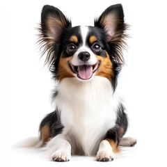 Happy and Playful Dog with Fluffy Ears and Bright Eyes Sitting Upright on a White Background